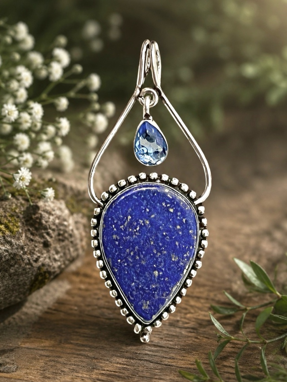 Lapis Lazuli & Blue Topaz Gemstone 2.5” Sterling Silver Pendant